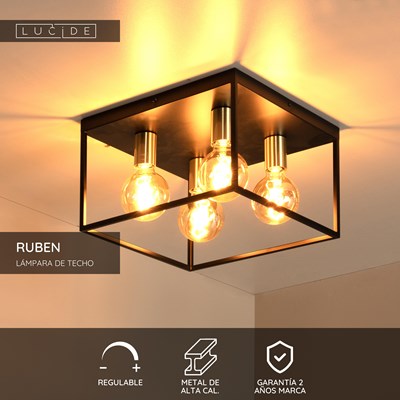Lucide RUBEN - Lámpara de techo - 4xE27 - Negro